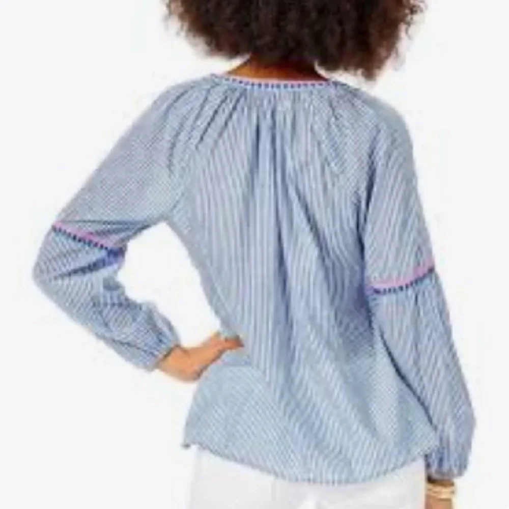 LILLY PULITZER TAELYNN STRIPE TOP COASTAL BLUE V-NECK PEASANT BOHO BLOUSE SMALL - Picture 2 of 8